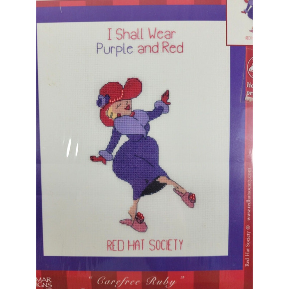 VTG Candamar Cross Stitch Kit Red Hat Society Carefree Ruby Red Purple 8x10 NEW - Picture 2 of 4